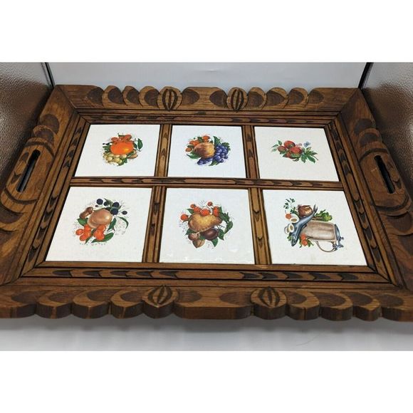 Vintage MCM Hand Carved Wood SERVING TRAY Ceramic Fruit Art Tile Trivet Mexico - Picture 2 of 10